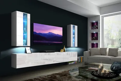 Immagine prodotto di Parete attrezzata Furnitech soggiorno | mobile soggiorno con LED bianco | parete attrezzata moderna | parete attrezzata soggiorno con mensole e mobile TV (Luiziana AN20-18W-HG2 1B)