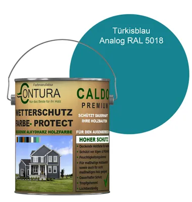 Produktbild von Contura 2,5Liter Wetterschutzfarbe Holz Dauerschutzfarbe Deckend Buntlack Holzfarbe Holzlasur Seidenmatt - Türkisblau - RAL 5018 Analog