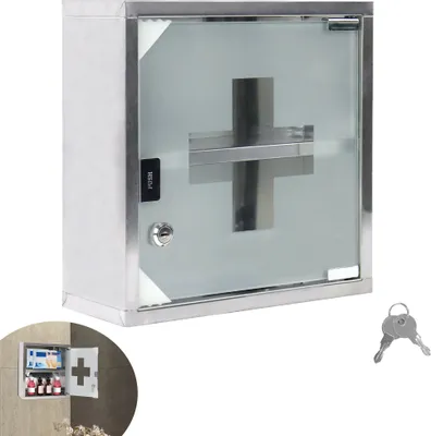 Produktbild von UISEBRT 2 Fächer Medizinschrank aus Edelstahl abschließbar Arzneischrank Medikamentenschrank Hausapotheke Apothekerschrank 30 x 30 x 12 cm mit Glas Tür und Schloss