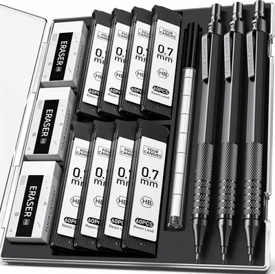 Zdjęcie produktu dla Zestaw ołówków mechanicznych 0,7 mm z etui i 480 wkładami HB dla inżynierów, czarny