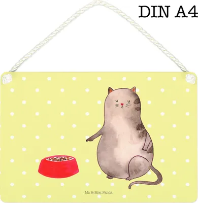 Produktbild von Mr. & Mrs. Panda Schild Katze Fressen DIN A4 - Gelb Pastell - Geschenk, kleine aufmerksamkeit, wandtafel, Wandbild Holz, holzbild, Türschild