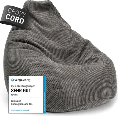 A gray corduroy beanbag chair.