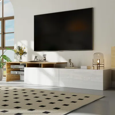 Obrázek produktu pro TV nábytek - TV komoda - Skříňka pod televizor - Stojan na televizor - Komoda pod televizor - Lesklá bílá barva - Skleněné police