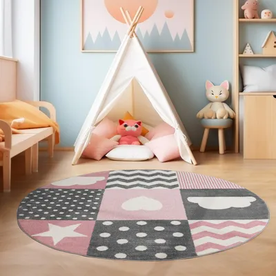 Produktbild von Kinderteppiche Teppiche für Kinder Babyzimmer Teppiche im modernen Stil Teppich Kinderzimmer  Größe : 120 cm Rund , Farbe : Pink-7