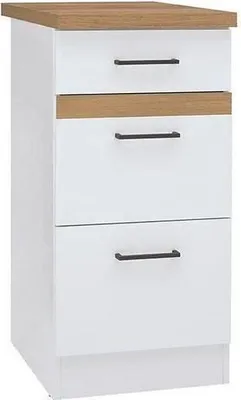 Produktbild von Küchen Unterschrank, 40 cm breit, 3 Schubladen, Weiß Glänzend, Arbeitsplatte Eiche Artisan Gold