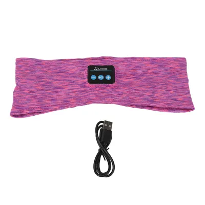 A pink and purple heathered headband with a small black control module, and a black USB charging cable below it, all on a white background.