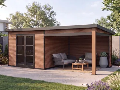Produktbild von WPC Gartenhaus mit Lounge Modell FineLine 16,90 m² Teak