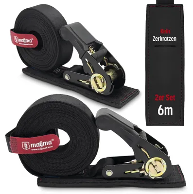 Produktbild von MAGMA | 2-Pack 6M Spanngurte Mit Ratsche und Kratzschutz | Zurrgurte mit Ratsche | Spanngurt Set | Ratschengurte | Binden Sie Kajak, Surfbrett, Kanu, Fahrrad, Motorrad | Last: 1600kgf/Unit. Schwarz –