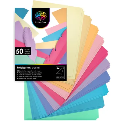 Image de OfficeTree - 50 feuilles de papier de bricolage aux tons pastel - Kit de bricolage pour enfants - Papier de bricolage A4, 300 g/m², pour le bricolage