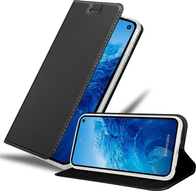 A black flip case for a smartphone is shown open, revealing the phone's screen.