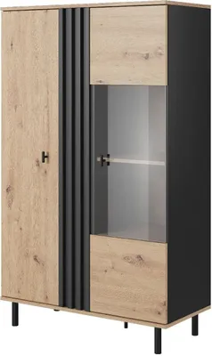 Produktbild von Vitrine MADIS A Vitrinenschrank Kommode Glasvitrine Schwarze Metallbeine eiche artisan / anthrazit