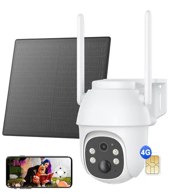 A security camera system with a solar panel and a smartphone displaying a live feed.