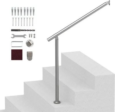 Obrázek produktu pro Ocelové zábradlí pro terasy, stříbrná barva, 80 cm. Zábradlí pro montáž na stěnu a podlahu, včetně montážní sady. Robustní sada zábradlí a sloupků pro terasy