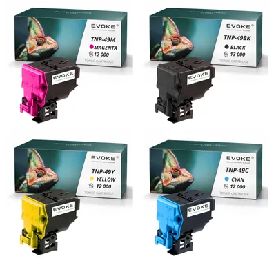 Image de Cartouches de toner compatibles Evoke pour Konica Minolta TNP-49 TNP49 : 4 x CMJN (Noir, Cyan, Magenta, Jaune), rendement de 49 000 pages, compatibles avec les modèles bizhub C3351, C3851, C3851FS, Image générée par une IA