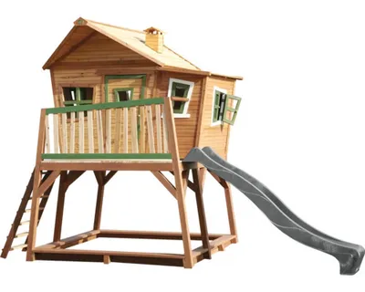 Immagine prodotto di AXI Max Casetta con pavimento, sabbiera e scivolo grigio | Casa da gioco per giardino / esterno in marrone e verde di legno  | Parco giochi per bambini