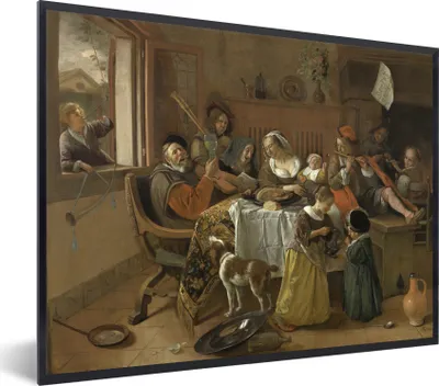 Produktbild von MuchoWow® Gerahmtes Poster Die lustige Familie - Jan Steen 80x60 cm - Poster mit Schwarzem Bilderrahmen Wandposter Rahmen Foto Bilder - Schwarzem - Mit Gestell