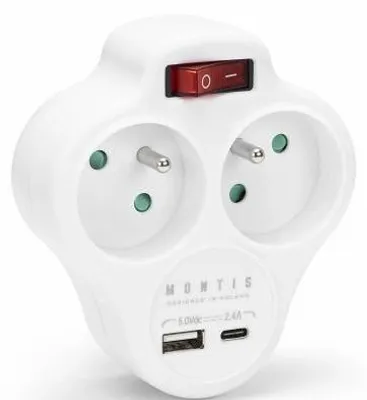 Zdjęcie produktu dla Rozgałęźnik Sieciowy Podwójny Z Wyłącznikiem + Usb-A + Usb-C Montis Mt144-Wh Biały
