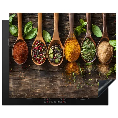 Obrázok produktu pre KitchenYeah® Kryt varnej dosky lyžica - bylinky - korenie - drevo, 65x52cm, kuchynská dekorácia, keramický kryt varnej dosky, krycia doska na varnú dosku