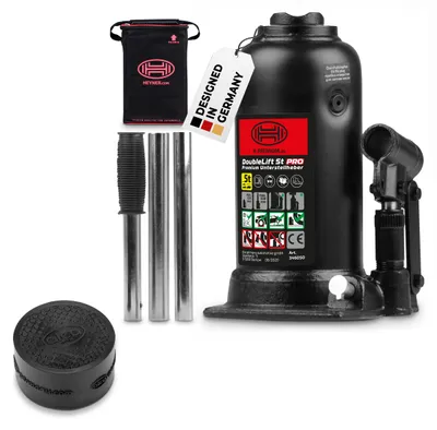 Produktbild von Autoheber Set 5t I hydraulischer Wagenheber mit Gummiauflage I 2-stufiger Unterstellheber für SUV Transporter I Bundle mit Anti-Rutsch Schutzpad I Hubhöhe 225–500 mm