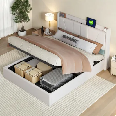 Produktbild von INONEFT hydraulisches bett 140 × 200 cm, polsterbett Bett mit USB und Stauraum unter dem Bett, doppelbett mit Lattenrost, Leinen, beige, ohne Matratze