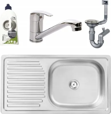 A collection of kitchen sink components including a bottle of cleaning solution, a faucet, a drain assembly, and a stainless steel sink with a drainboard.