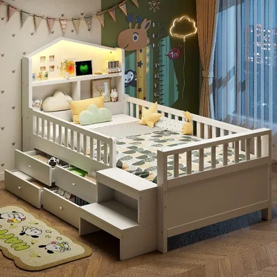 Immagine prodotto di Letto per bambini 90x200 cm con sponde di sicurezza, quattro cassetti, scaletta con ripiano, illuminazione LED e prese USB e di tipo C, struttura in legno bianca
