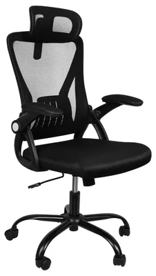 Produktbild von Ergonomischer Bürostuhl - Schreibtischstuhl - Wippmechanik 90–130° arretierbar - Höhenverstellbar - Mesh-Kopfstütze - Drehbar mit Armlehnen und Rollen - Schwarz