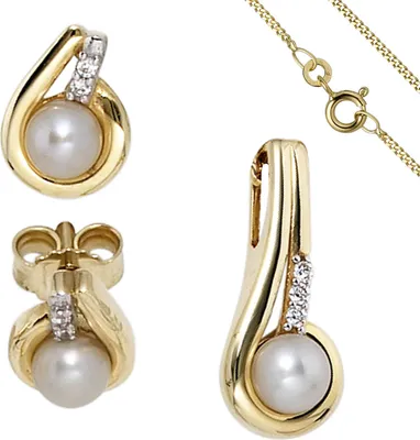 Produktbild von Schmuck-Set aus 333 Gold Gelbgold Perlen Zirkonia Ohrringe und Kette 45cm