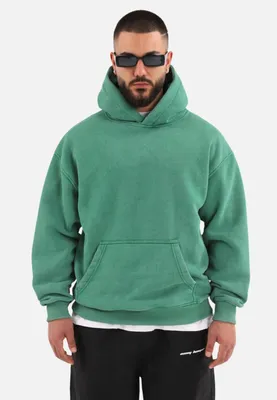 Produktbild von einfarbiger Washed Basic Oversized Hoodie | Premium Herren & Damen Kapuzenpullover Uni S Grün