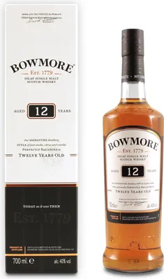 A bottle of Bowmore 12 Year Old Islay Single Malt Scotch Whisky and its gift box, presented side-by-side against a white background.