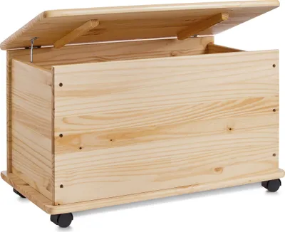 A wooden toy chest with its lid open, resting on casters.