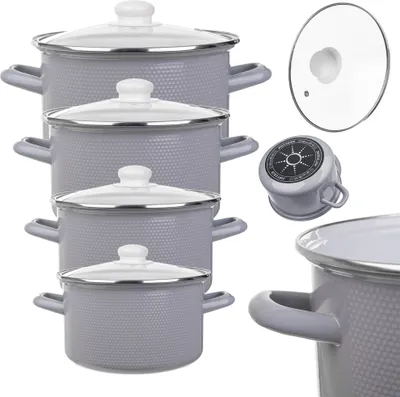 A set of four grey enamel pots with white lids and handles, displayed on a white background. Additional accessories like a glass lid and a pot base are shown separately.