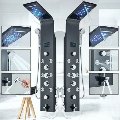 Produktbild von Linuode LED Licht Dusche Wasserhahn Badezimmer SPA Massage Jet Dusche Säulensystem Wasserfall Regen Duschpaneel Bidet Sprayer Tap (8009 schwarz B)