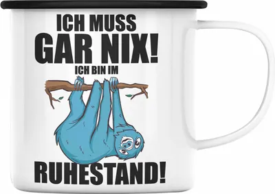 Produktbild von Trendation - Rente Emaille Tasse Spruch Ich Muss Gar Nix Ich Bin Im Ruhestand Rentner Geschenk Rentnerin Emaille Emaille Tasse Renteneintritt (Schwarz)