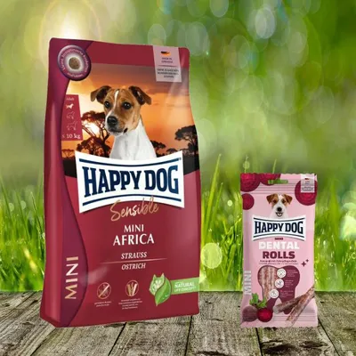 Immagine prodotto di Happy Dog Sensible Mini Africa 4 kg + Happy Dog Dental Rolls (in omaggio)