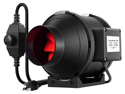 A black inline duct fan with red fan blades and a variable speed controller.