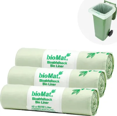 Produktbild von bioMat Kompostierbare 80l Müllsäcke, 30 Biomüllbeutel für Biotonne, Restmülltone, Klimaneutral,  Germany