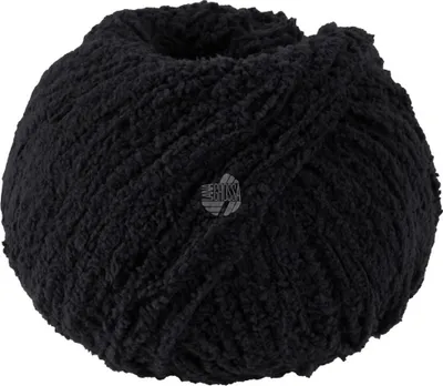 A ball of black yarn on a white background.