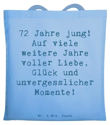 Produktbild von Mr. & Mrs. Panda totebag Spruch 72. Geburtstag Freude - Sky Blue - Geschenk, wertschätzen, Jutebeutel, Tote Bag, Alter, Geburtstagsfeier, Glück, Stoffbeutel, Jubilar