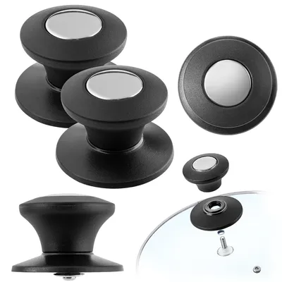 A collection of black pot lid handles with silver accents, displayed against a white background.