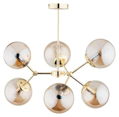 Obrázok produktu pre Závesná lampa FOTON, zlatá a jantárová, 6xE14x10W, sklo, rozmery: 51x58x58 cm, IP20, Alfa