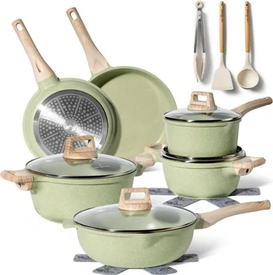 A collection of green cookware with wooden handles and kitchen utensils arranged on a white background.