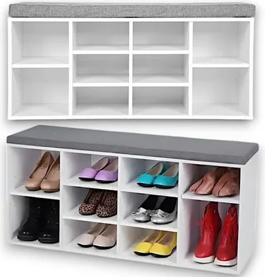 Produktbild von Schuhschrank mit Sitzkissen | 10 offene Fächer | Sitzbank Schuhschrank Weiß 104 x 49 x 30,5 cm