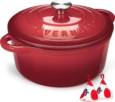 Obrázek produktu pro Litinový pekáč Overmont 26 cm - smaltovaný pekáč s poklicí v červené barvě