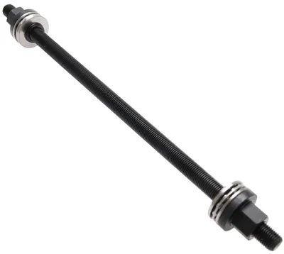 A threaded rod with nuts and washers on either end, isolated on a white background.