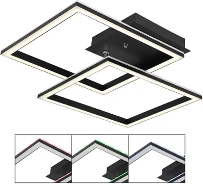 Produktbild von Globo Lighting Deckenleuchte Metall schwarz matt, Acryl opal, Aluminium schwarz matt, dimmbar, mehrere Stufen über Wandschalter, Farben fixierbar, RGB Farbwechsler, RGB Farben fixierbar, RGB Regenbogeneffekt, Memoryfunktion, Nachtlicht, Timer, Fernbedienung, Batterie inkludiert 2x AAA, RGB+CCT digital, LxBxH: 440x294x77mm, inkl. LED 40W 230V, 440-4400lm Source, 250-2500lm Output, CCT 2700-6500K, inkl. RGB LED 5W 230V