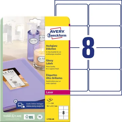 Image de Avery Zweckform L7765-40 Étiquettes brillantes, A4, 99,1 x 67,7 mm, 40 feuilles/320 étiquettes, blanc