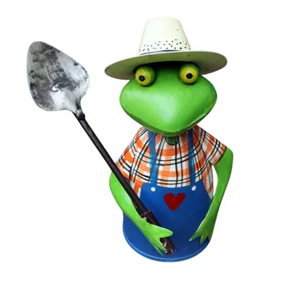 Produktbild von Zaunhocker Gärtner Frosch aus Metall handbemalt, mit Schaufel und Hut, ca. 22 cm hoch
