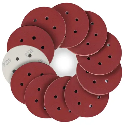 Obrázok produktu pre Sada brúsneho papiera, 50 kusov, 150 mm, suchý zips, 6 otvorov, zrniteľnosť P320, určené pre excentrické brúsky, vhodné na drevo, kov a plast