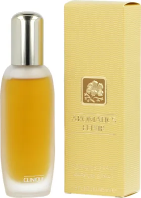 A bottle of Clinique Aromatics Elixir perfume and its packaging are displayed side-by-side against a white background.